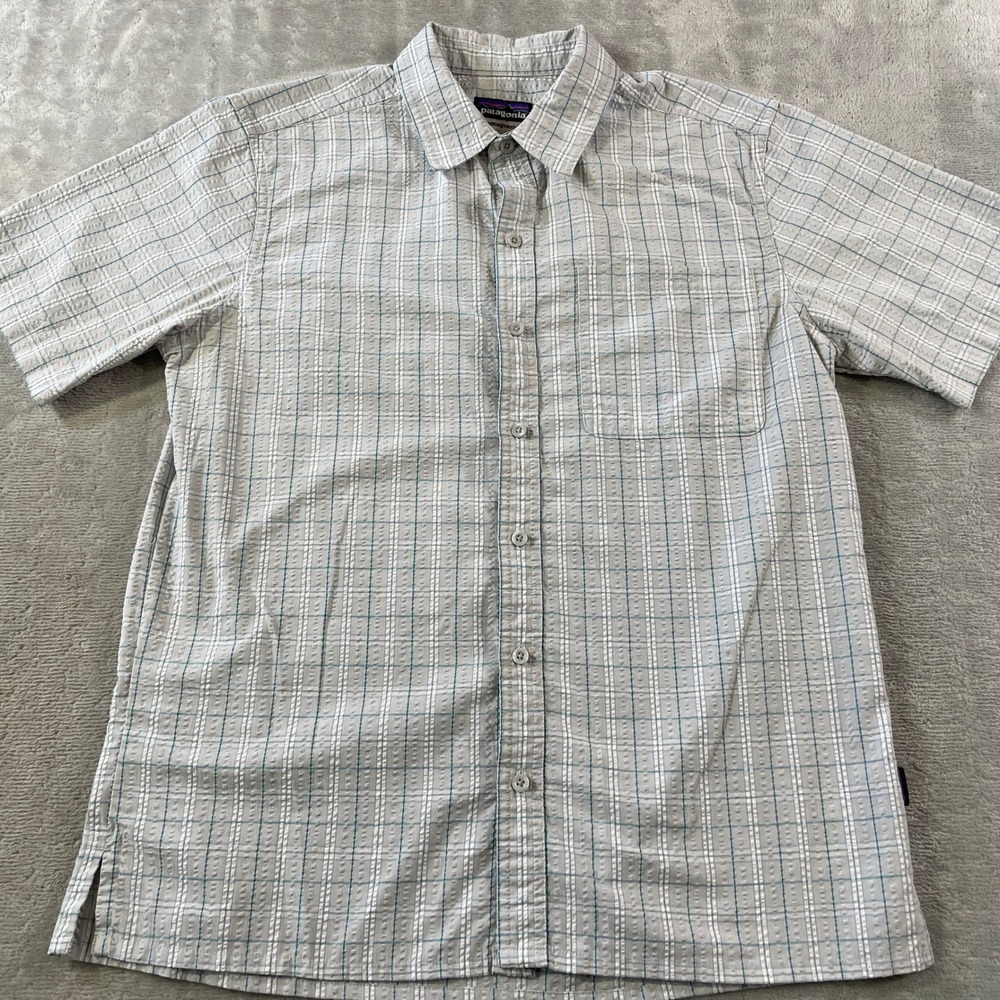 Patagonia Puckerware Shirt Mens Medium Grey Plaid Button Seersucker Light Camp